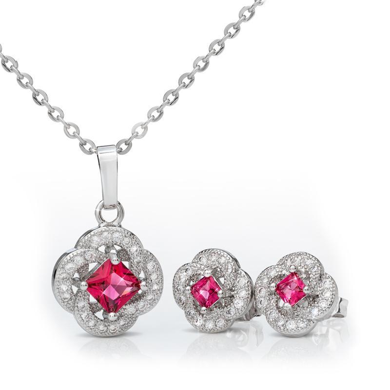 Women's Red Clover Necklace and Earrings